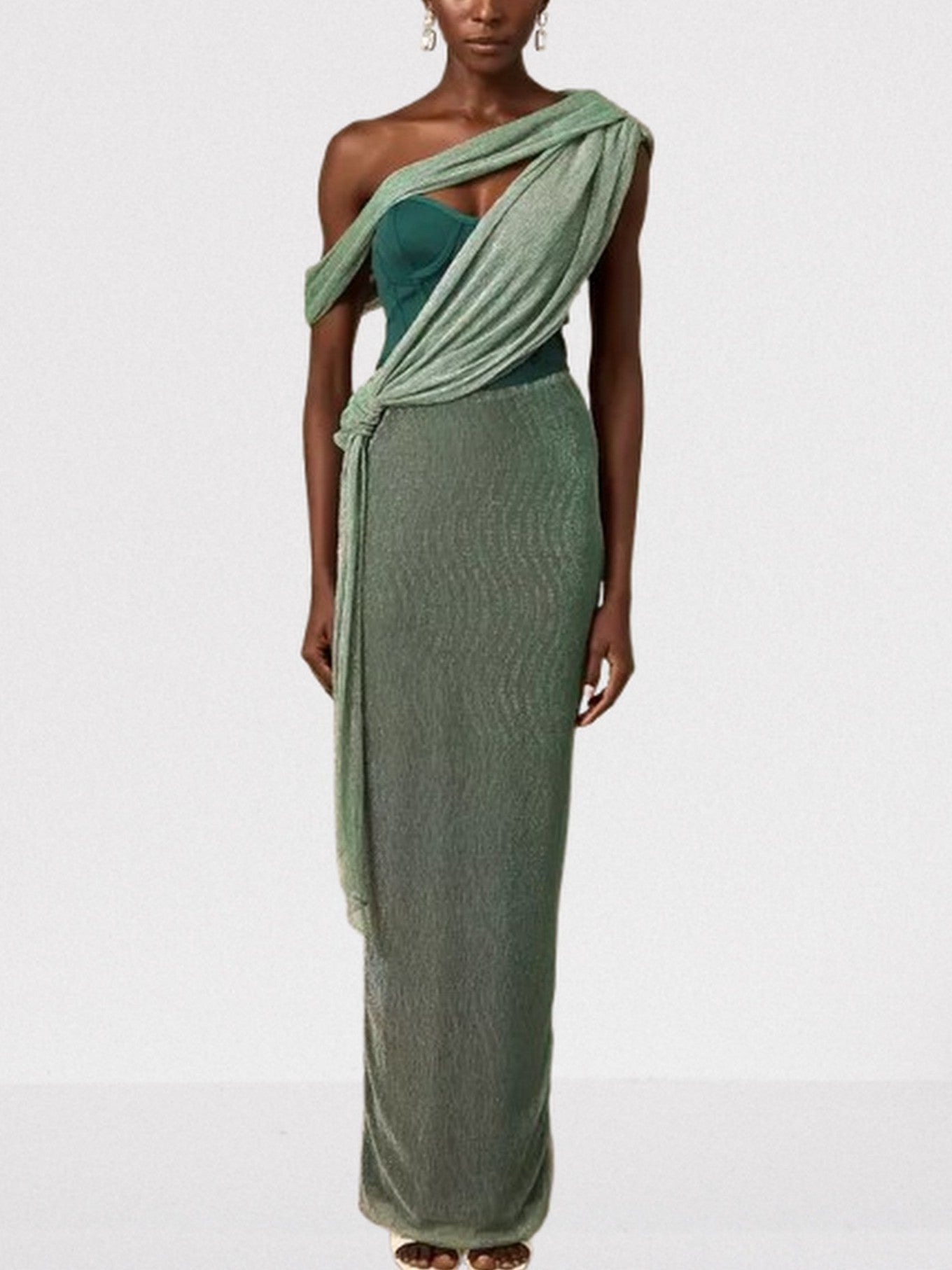 Green Corset Glitter Draped Sash Maxi Dress - Dresses