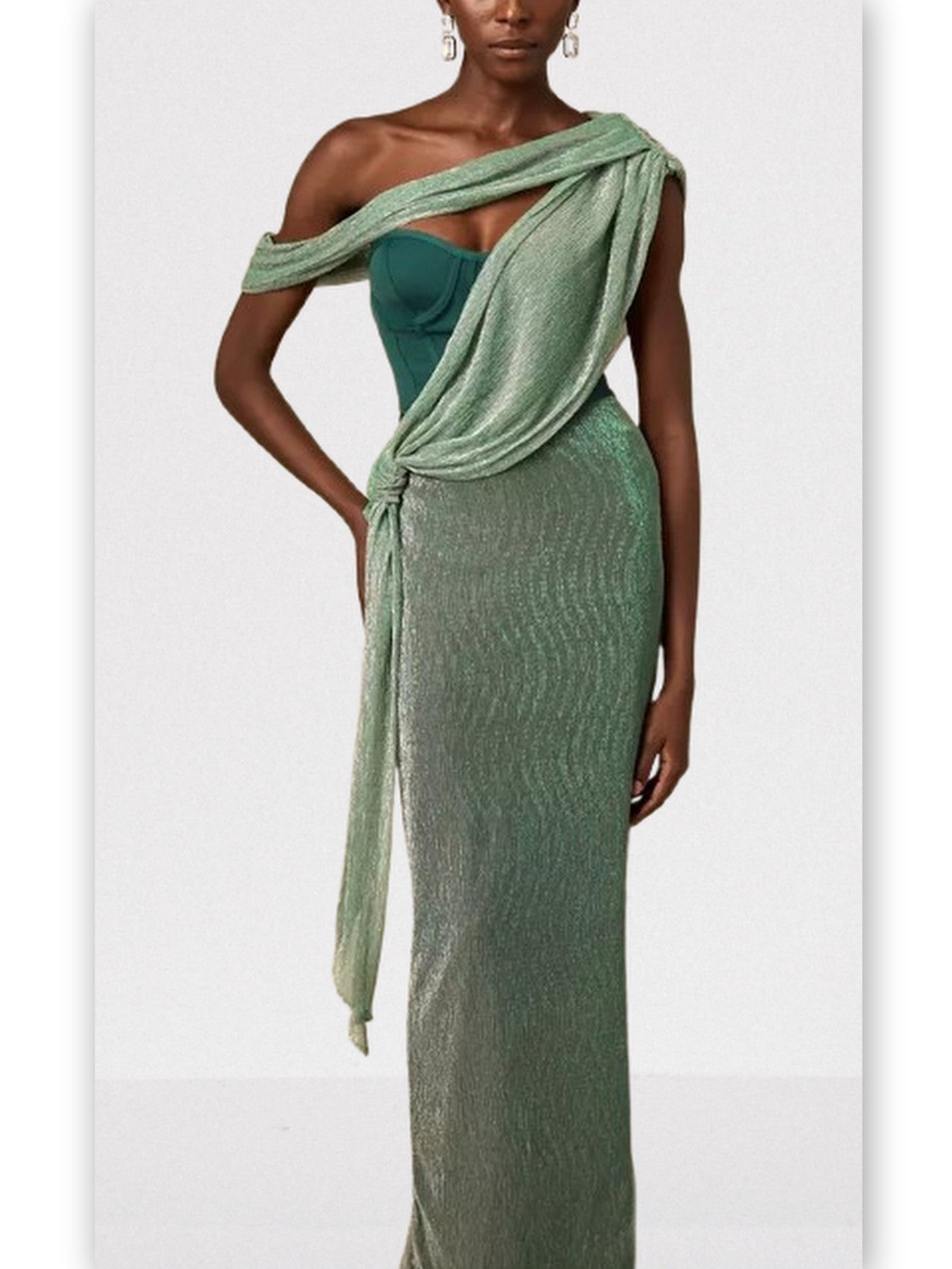 Green Corset Glitter Draped Sash Maxi Dress - Dresses