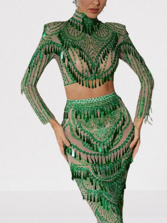 Green Crystal and Sequin-Embellished Top and Skirt Set - Suits & Sets