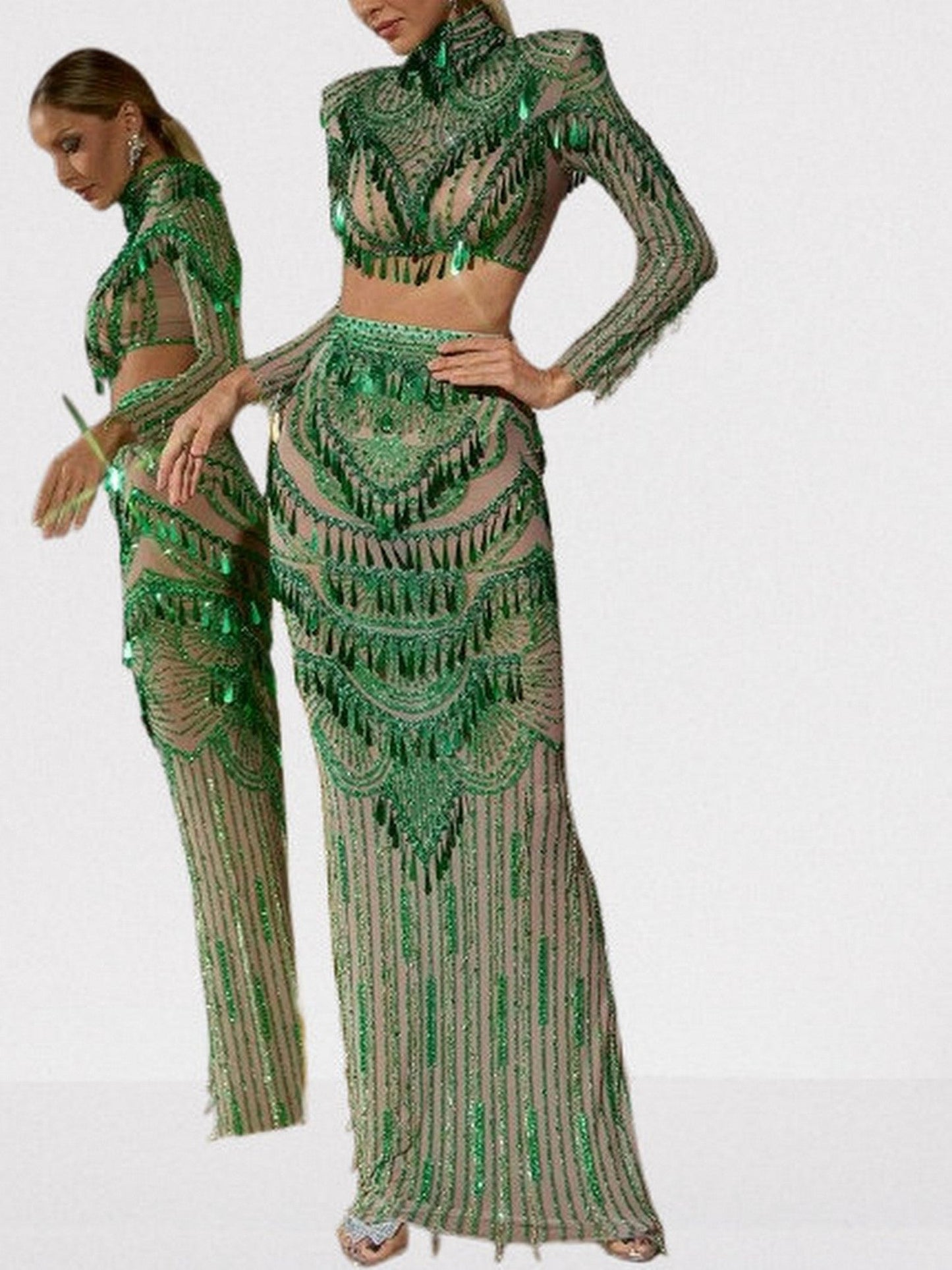 Green Crystal and Sequin-Embellished Top and Skirt Set - Suits & Sets