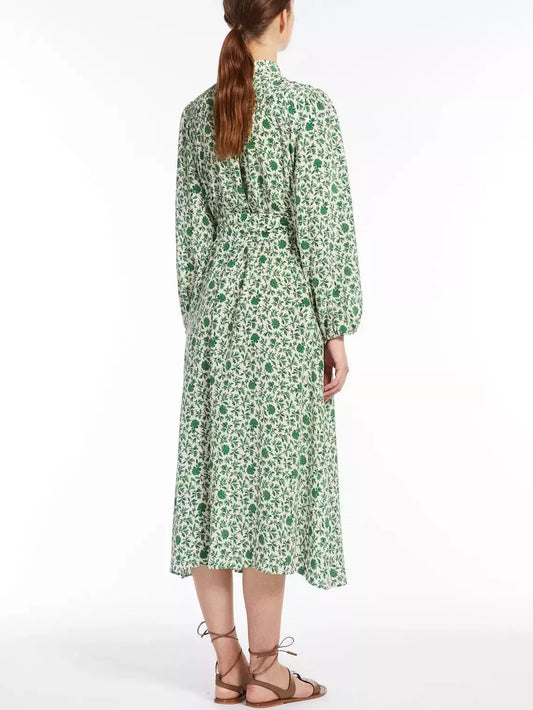 Green Floral Printed Silk Midi Dress - Dresses