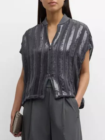 Gray sequined top of the Grey Sequin Stripe Sleeveless Zip Jacket for stylish outfits