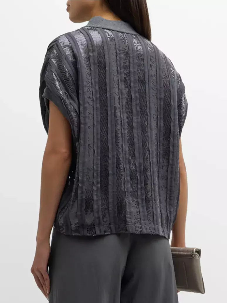 Stylish Grey Sequin Stripe Sleeveless Zip Jacket showcasing a trendy sequin top design