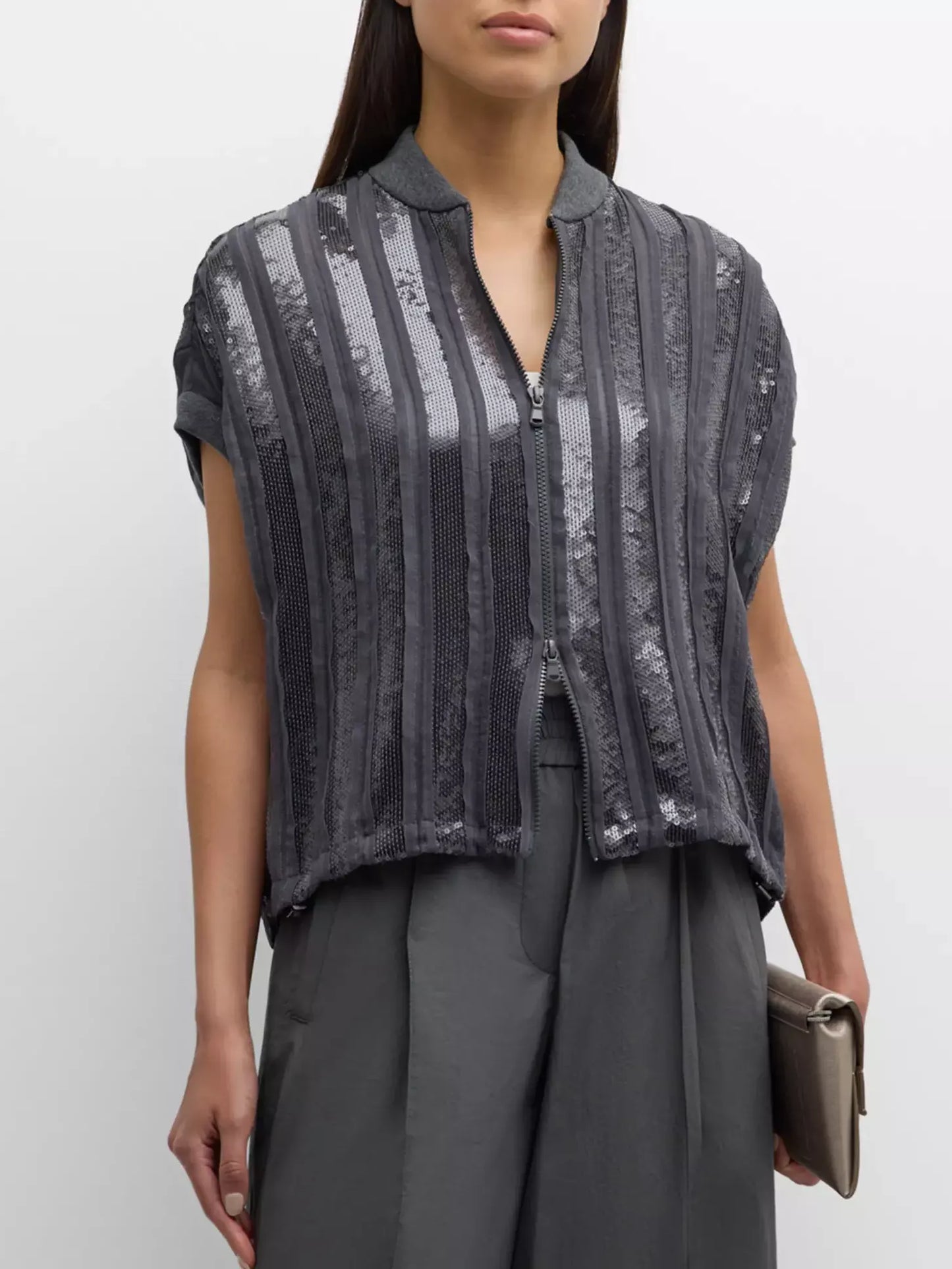Gray Sequin Stripe Sleeveless Zip Jacket featuring shimmering sequined details