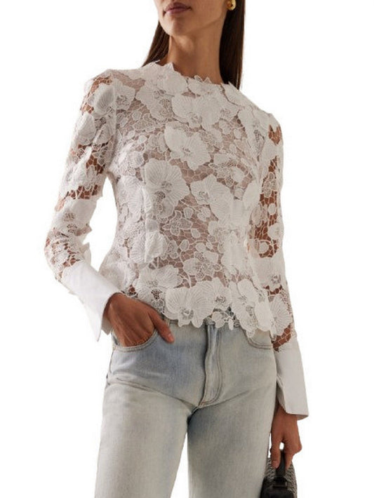 Guipure Lace Semi Sheer Long Sleeve Blouse - Tops