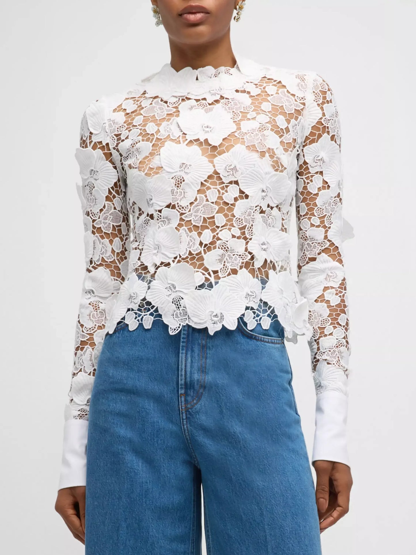 Guipure Lace Semi Sheer Long Sleeve Blouse - Tops