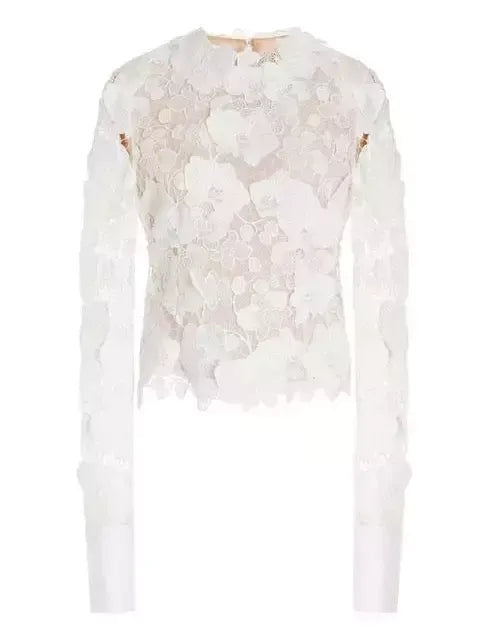 Guipure Lace Semi Sheer Long Sleeve Blouse - Tops