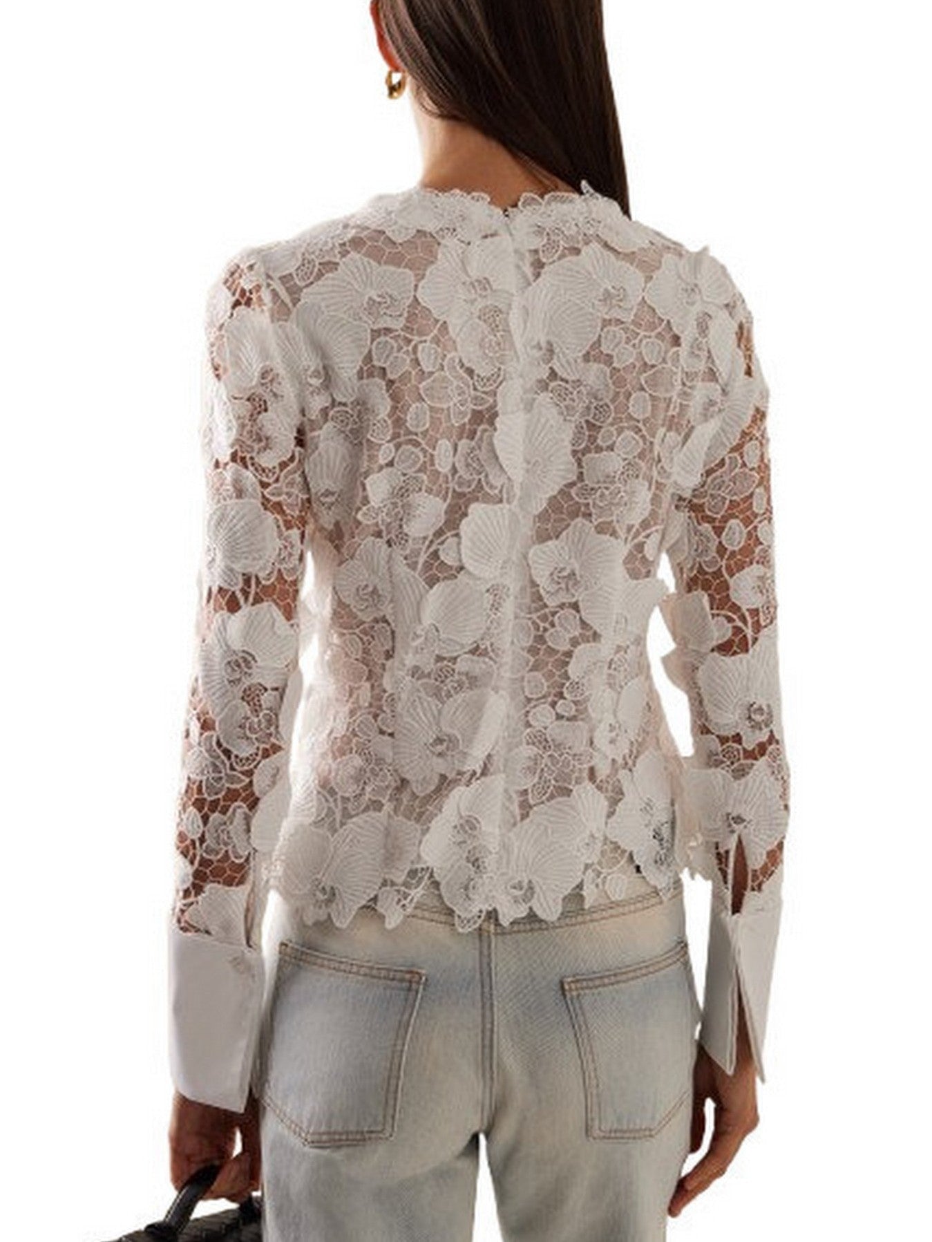 Guipure Lace Semi Sheer Long Sleeve Blouse - Tops
