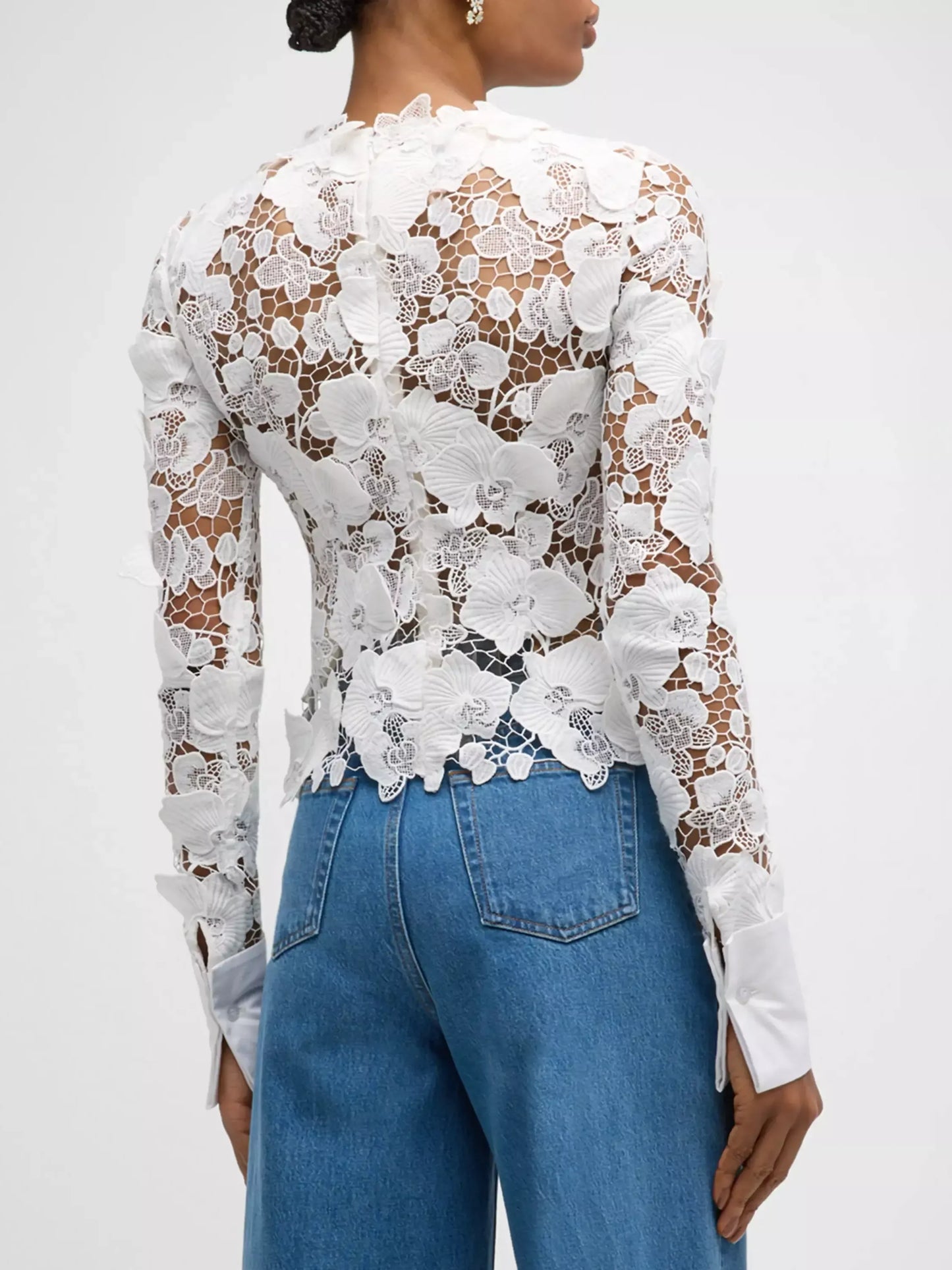 Guipure Lace Semi Sheer Long Sleeve Blouse - Tops