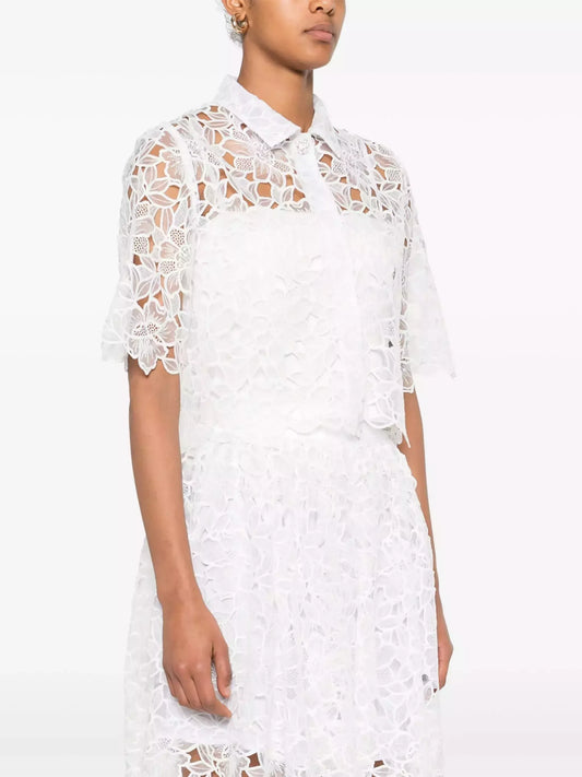 Guipure Lace White Cropped Shirt and Skirt Set - Suits & Sets