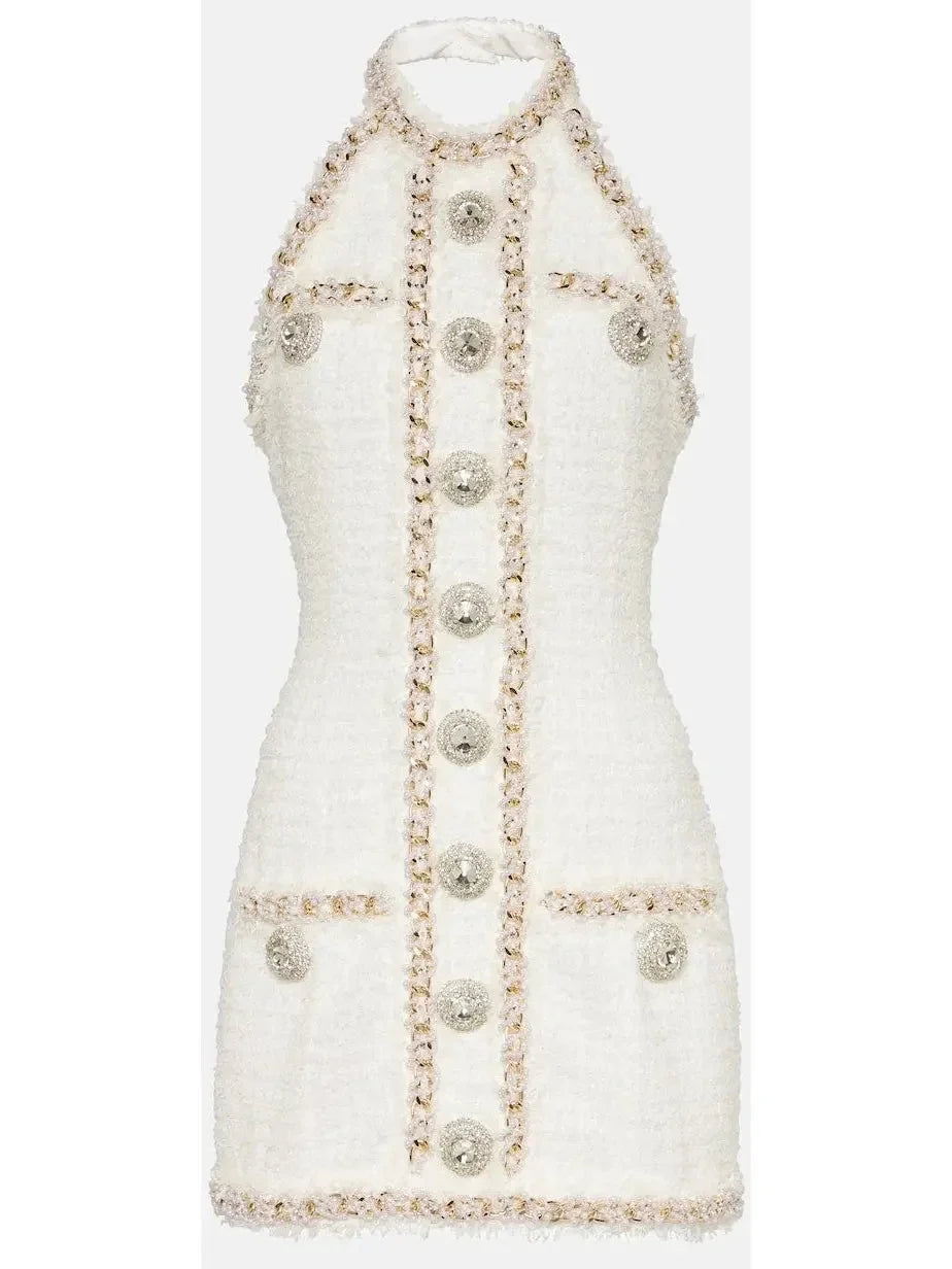 Halter-Neck Embellished Tweed Mini Dress - s - Dresses