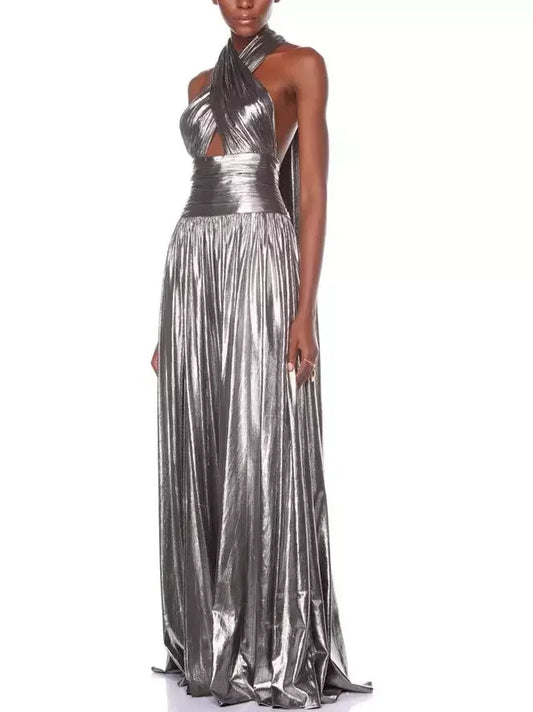 Halter-Neck Silver Pleated Sleeveless Gown - Dresses