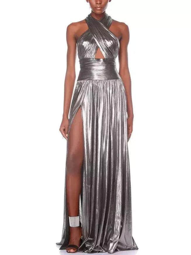Halter-Neck Silver Pleated Sleeveless Gown - XS - Dresses