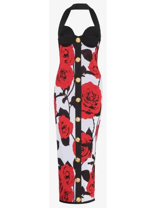 Halterneck Dress in Red Roses Jacquard Knit