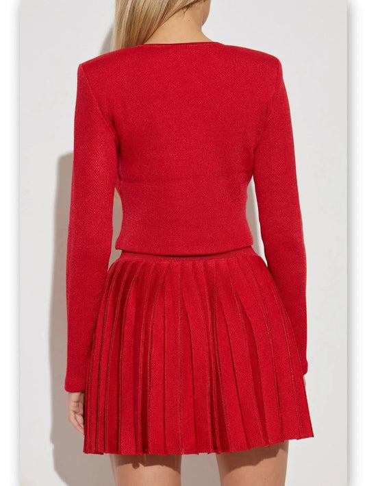 Heart-Button Knit Red Cardigan and Pleated Skirt Set - Suits & Sets