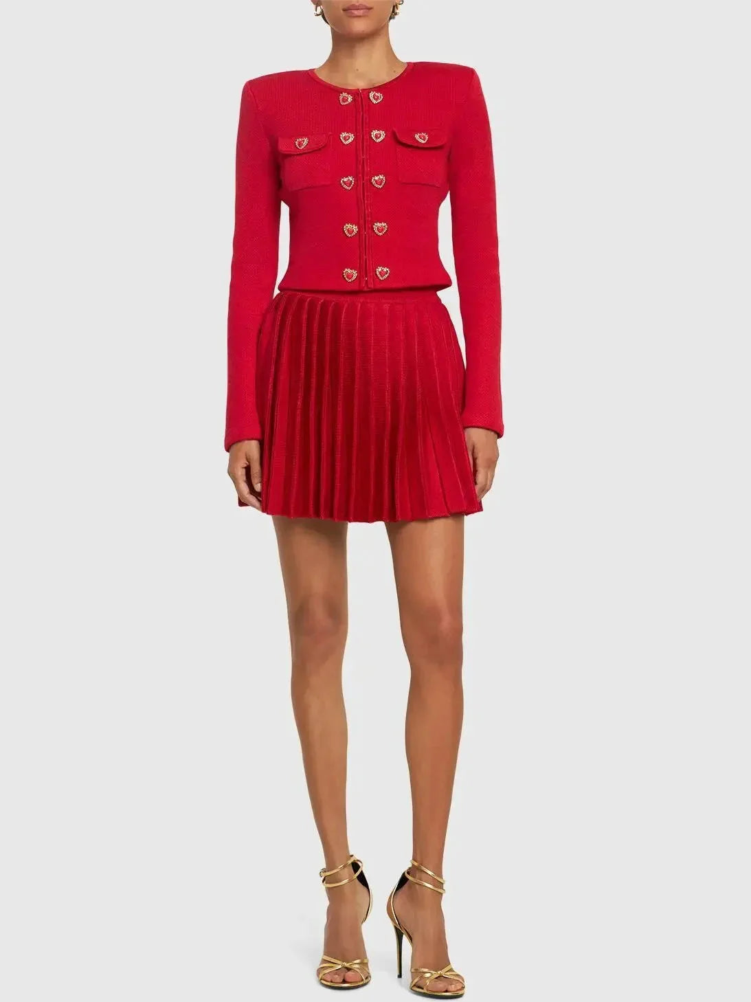 Heart-Button Knit Red Cardigan and Pleated Skirt Set - Suits & Sets