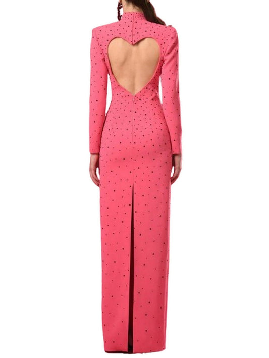 Heart Cut-Out Pink Maxi Dress with Black Studs - Dresses