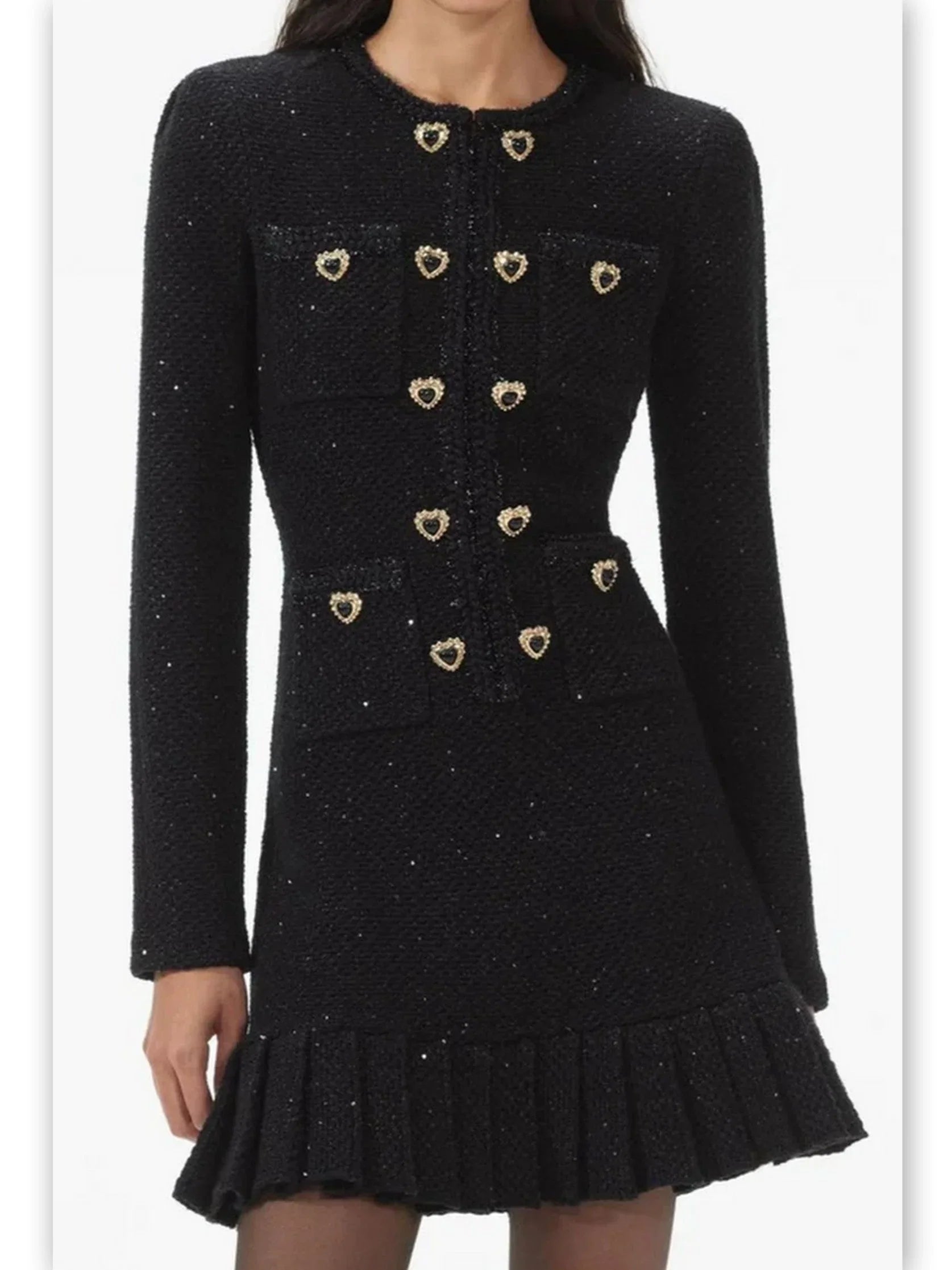 Heart Decorative Button Embellished Black Tweed Mini Dress Heart Decorative Button Embellished Black Tweed Mini Dress