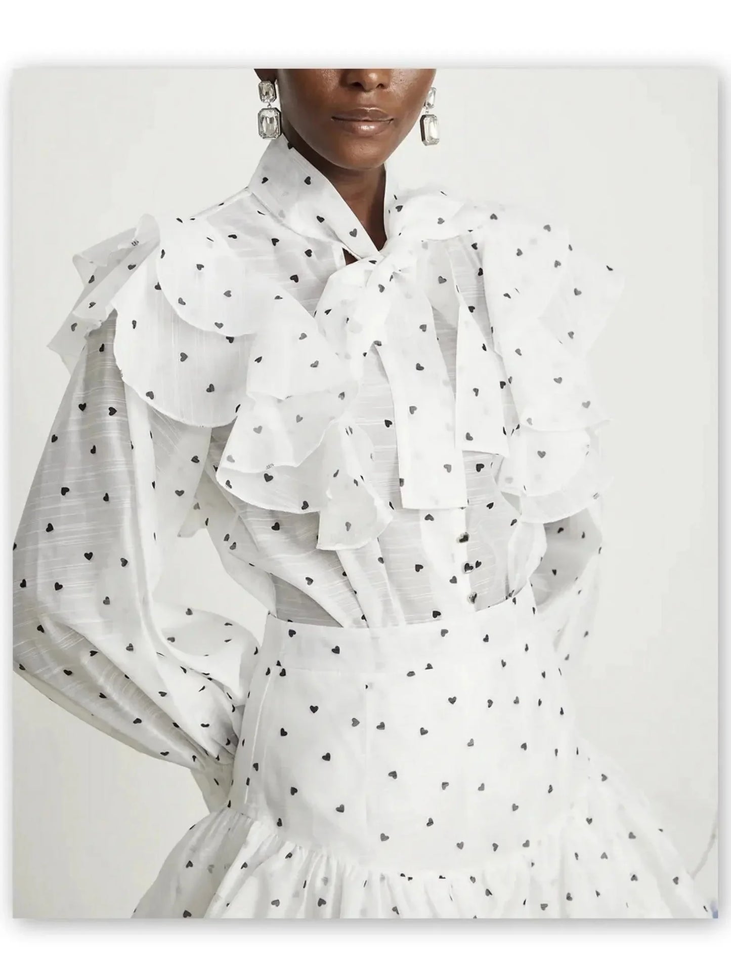 Heart-Print Ruffle Blouse and Matching Skirt Set in White - Suits & Sets
