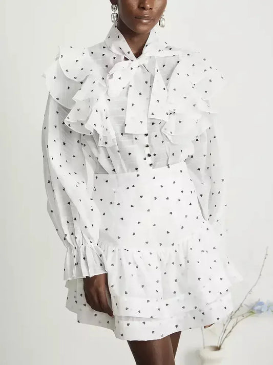 Heart-Print Ruffle Blouse and Matching Skirt Set in White - Suits & Sets