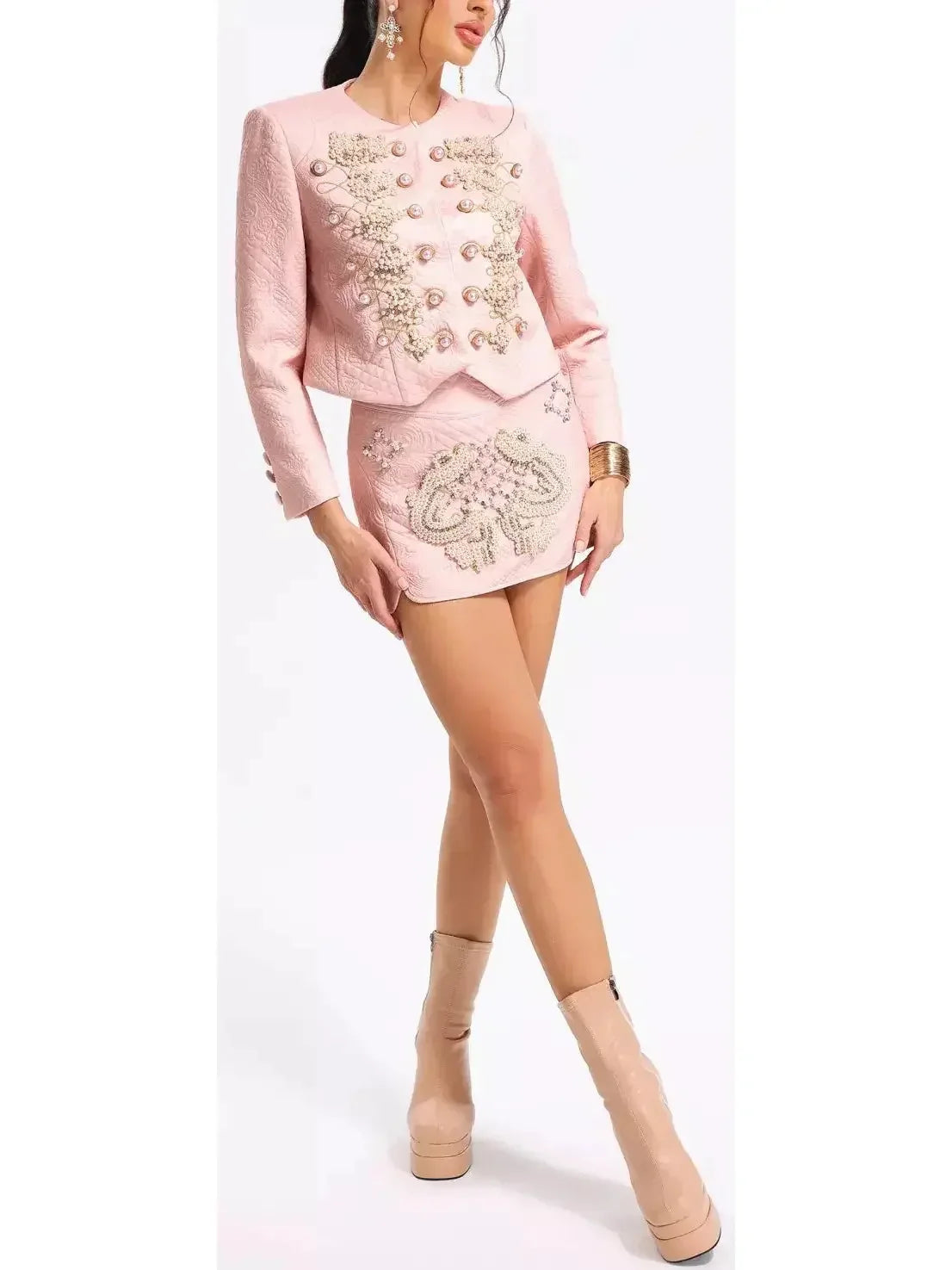 Heavily Embellished Military Jacket and Skirt Set - Suits & Sets