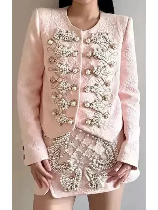 Heavily Embellished Military Jacket and Skirt Set - Suits & Sets