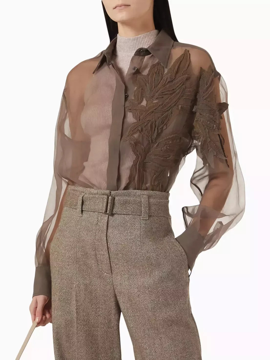 Herbarium-Embroidered Sheer Shirt - Tops