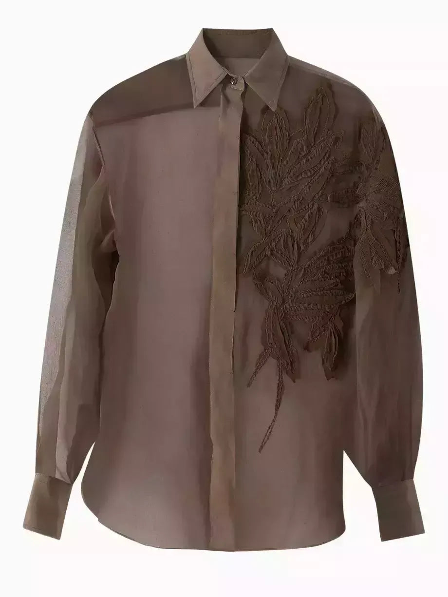 Herbarium-Embroidered Sheer Shirt - Tops