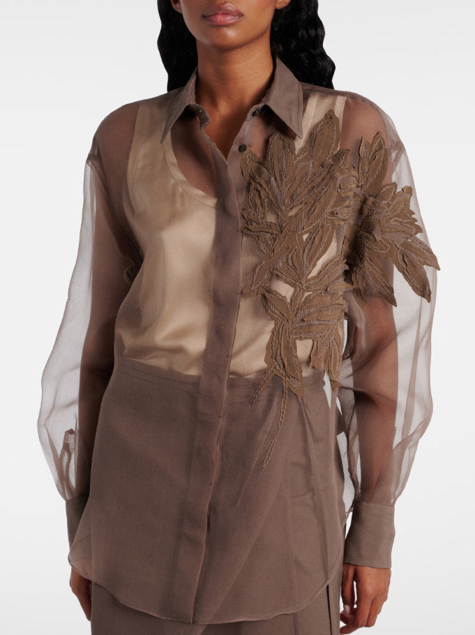 Herbarium-Embroidered Sheer Shirt - Small - Tops