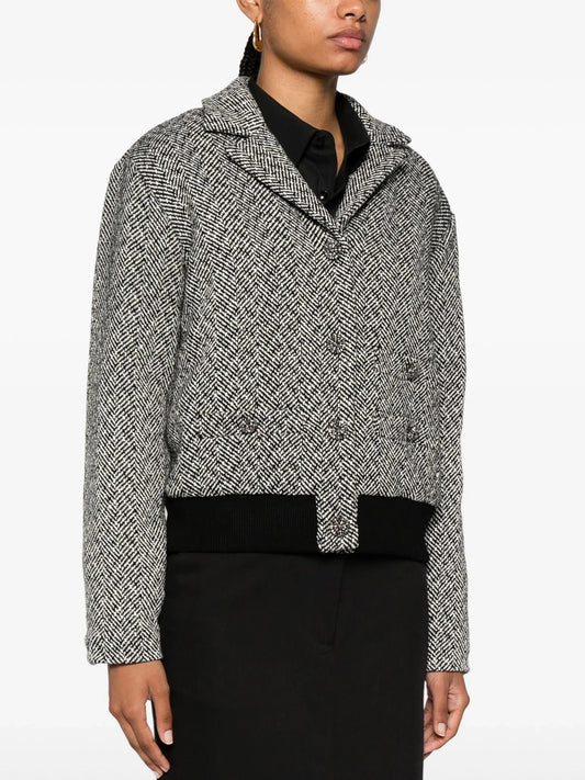 Herringbone Bomber Jacket with Rhinestone Buttons - Jackets