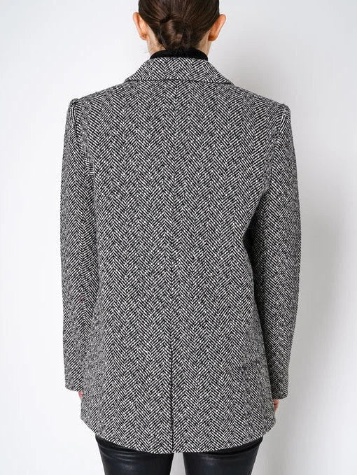 Herringbone Single-Breasted Blazer with Rhinestone Buttons - Jackets