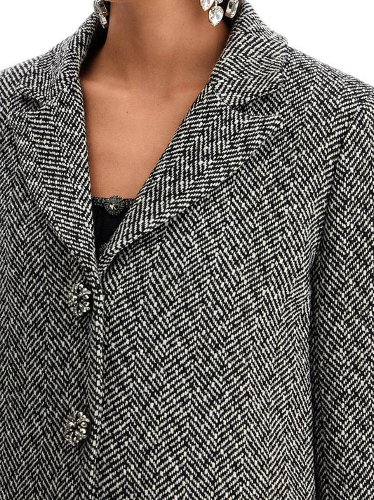 Herringbone Single-Breasted Blazer with Rhinestone Buttons - Jackets