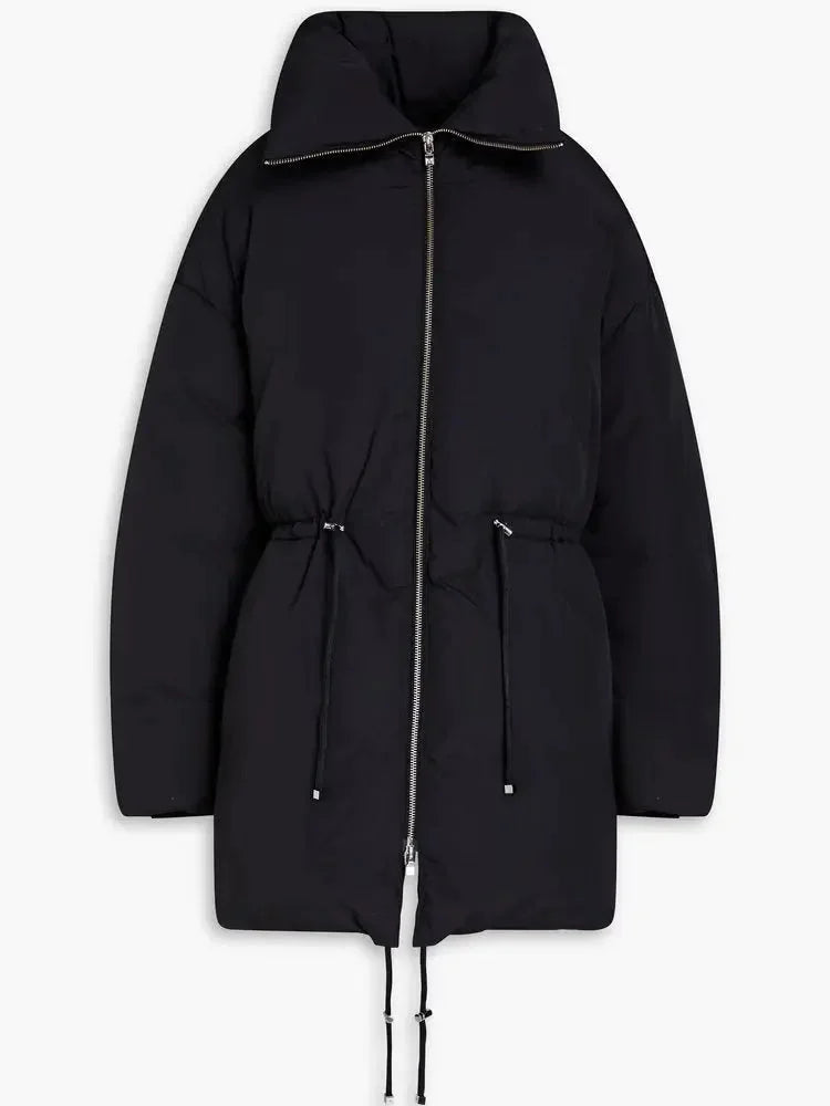 High-Collar Down Jacket in Black with Drawstring Waist - Jackets