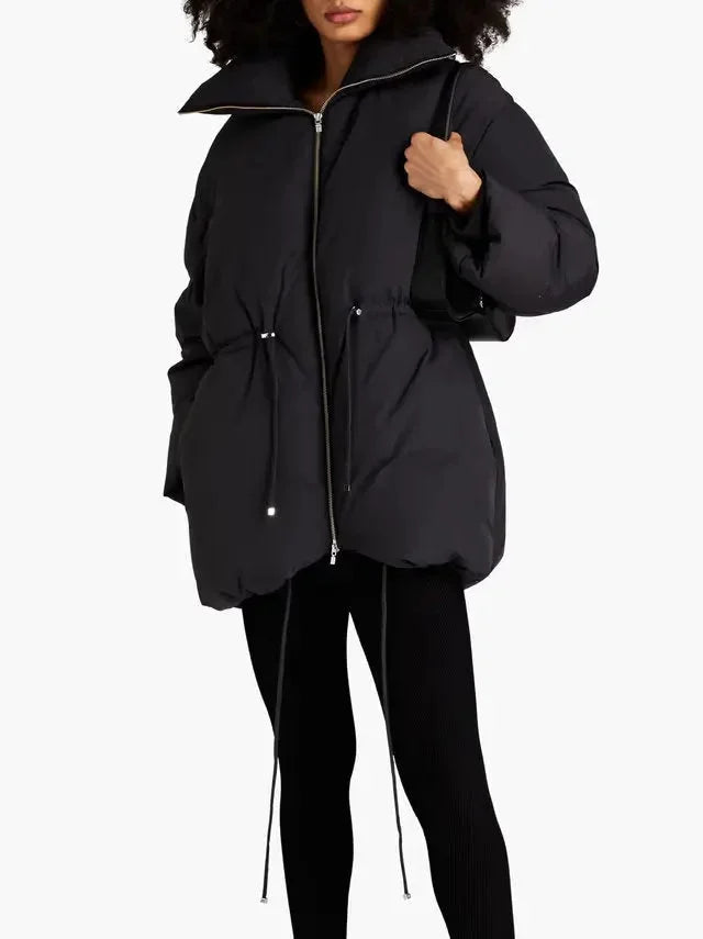 High-Collar Down Jacket in Black with Drawstring Waist - Jackets