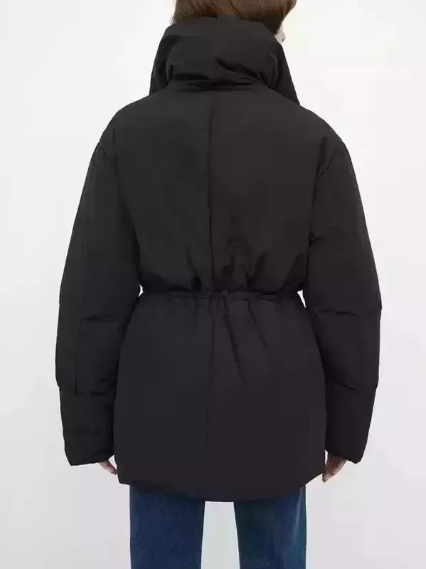High-Collar Down Jacket in Black with Drawstring Waist - Jackets