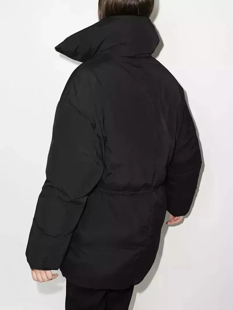 High-Collar Down Jacket in Black with Drawstring Waist - Jackets