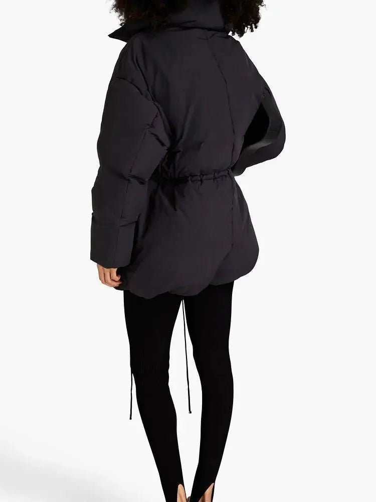 High-Collar Down Jacket in Black with Drawstring Waist - Jackets