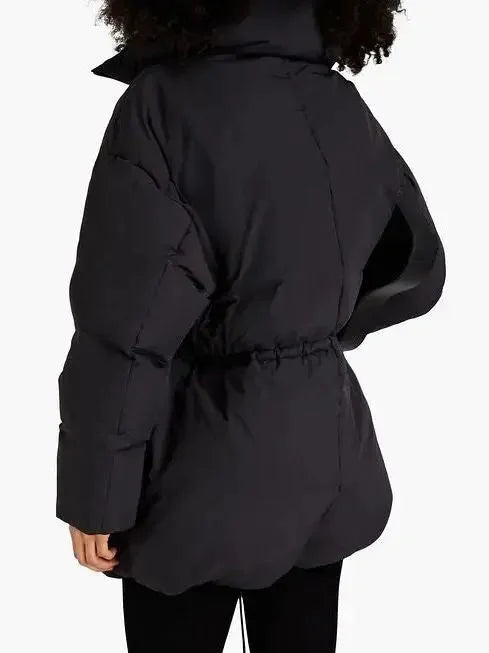 High-Collar Down Jacket in Black with Drawstring Waist - Jackets