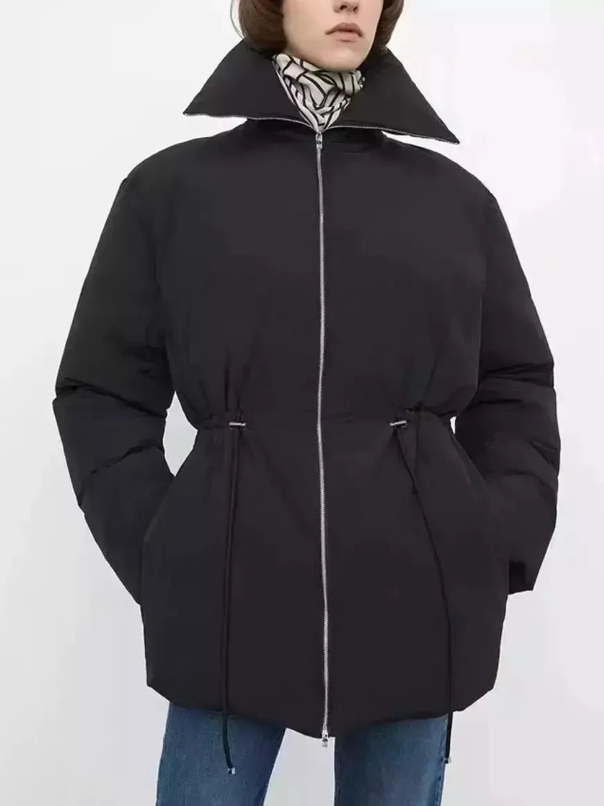 High-Collar Down Jacket in Black with Drawstring Waist - Jackets