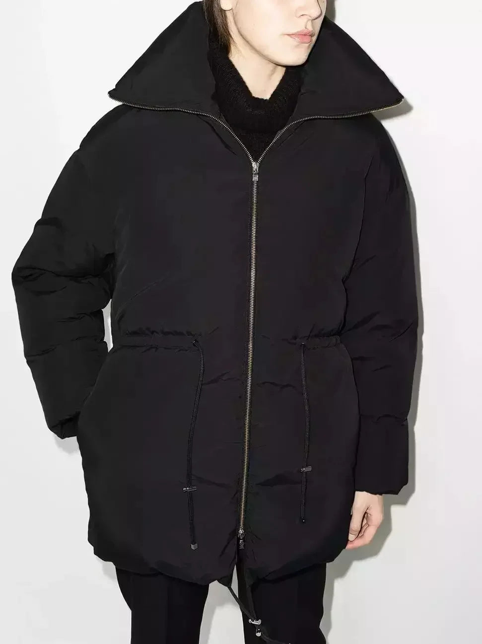 High-Collar Down Jacket in Black with Drawstring Waist - Jackets