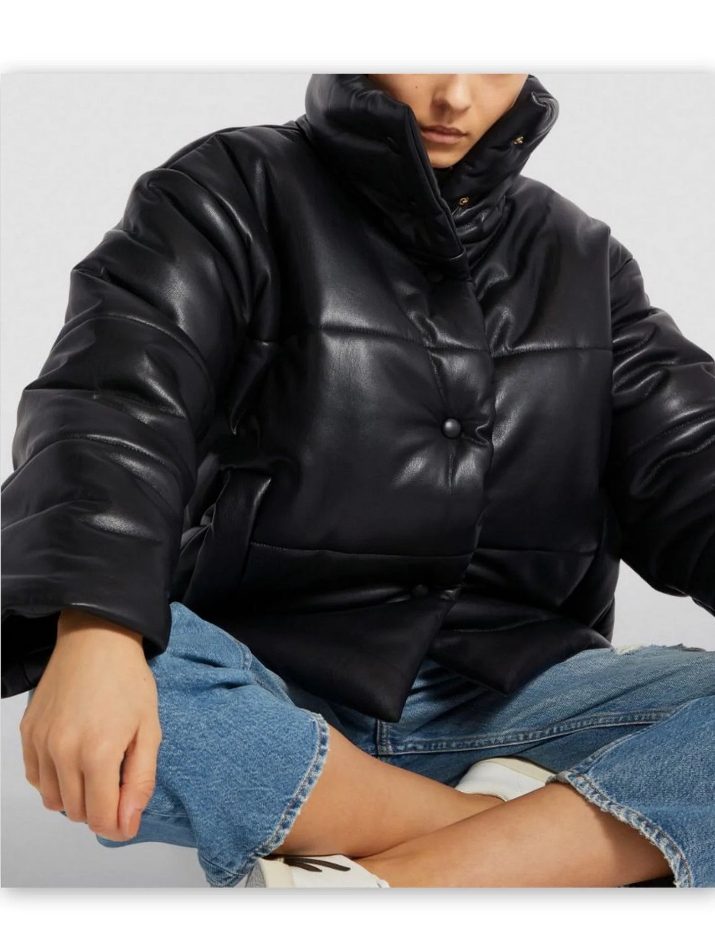 High-Collar Vegan Leather Padded Jacket in Black - Jackets