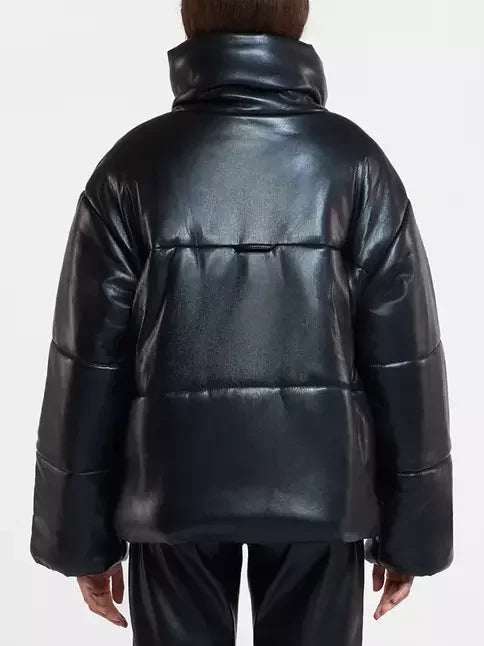 High-Collar Vegan Leather Padded Jacket in Black - Jackets