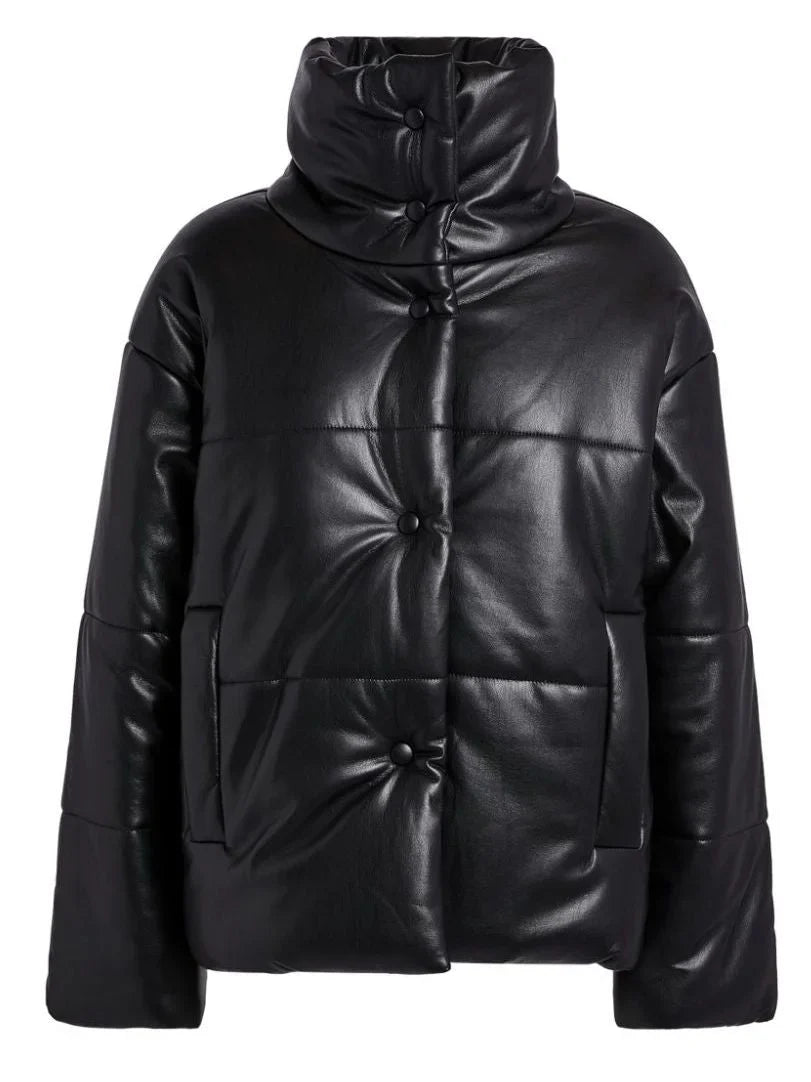 High-Collar Vegan Leather Padded Jacket in Black - Jackets