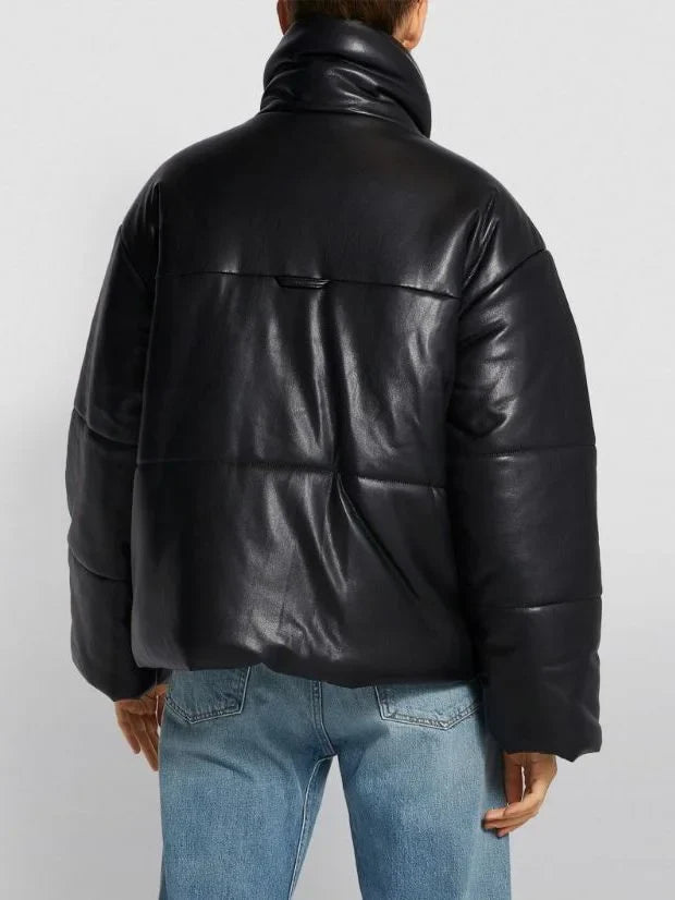 High-Collar Vegan Leather Padded Jacket in Black - Jackets