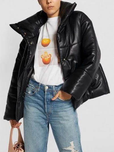 High-Collar Vegan Leather Padded Jacket in Black - Jackets