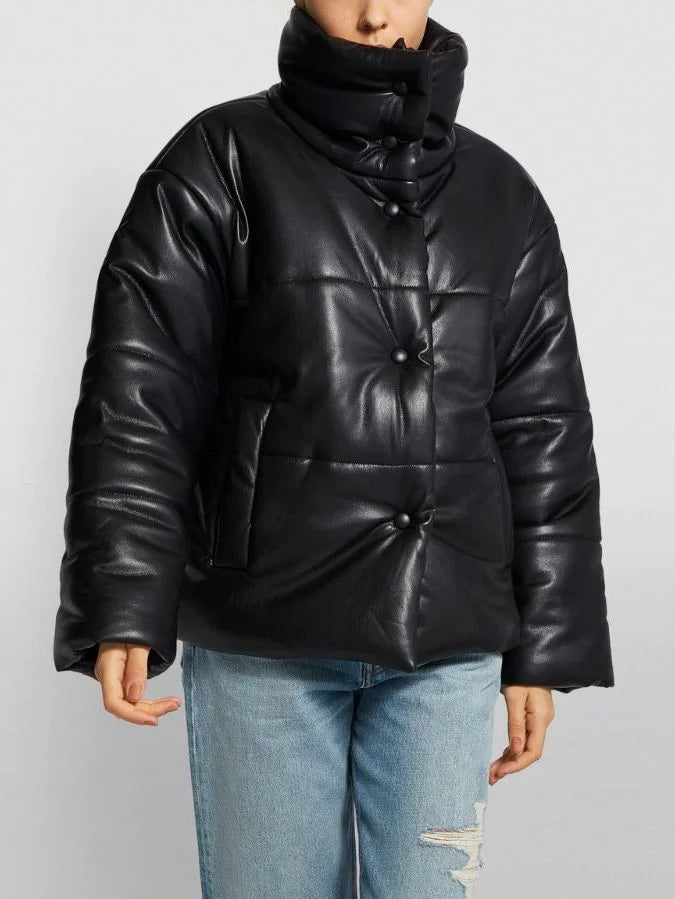 High-Collar Vegan Leather Padded Jacket in Black - Jackets