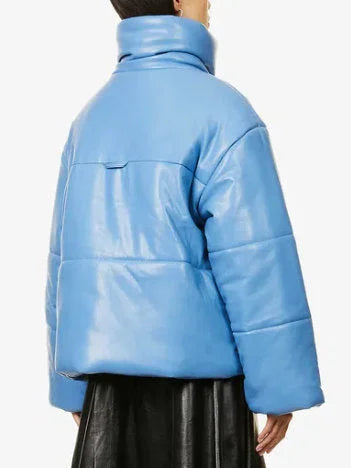 High-Collar Vegan Leather Padded Jacket in Blue - Jackets