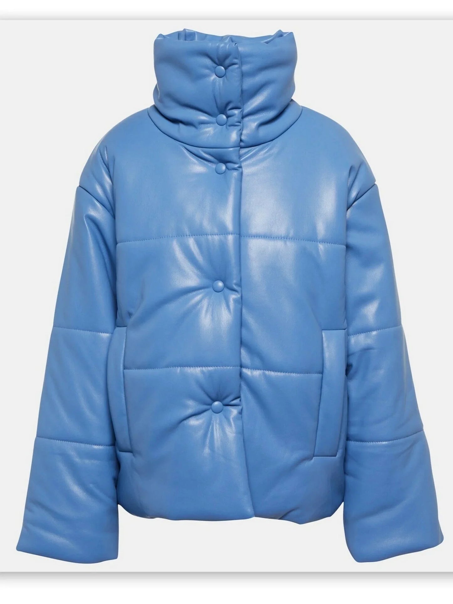 High-Collar Vegan Leather Padded Jacket in Blue - Jackets