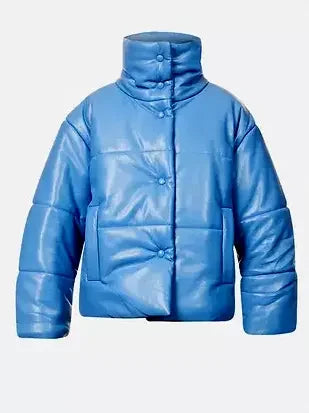 High-Collar Vegan Leather Padded Jacket in Blue - Jackets