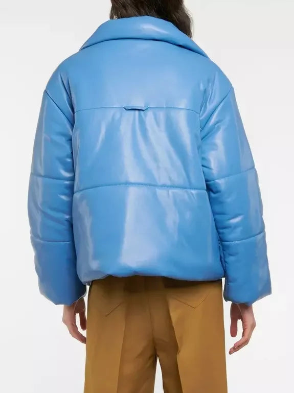 High-Collar Vegan Leather Padded Jacket in Blue - Jackets